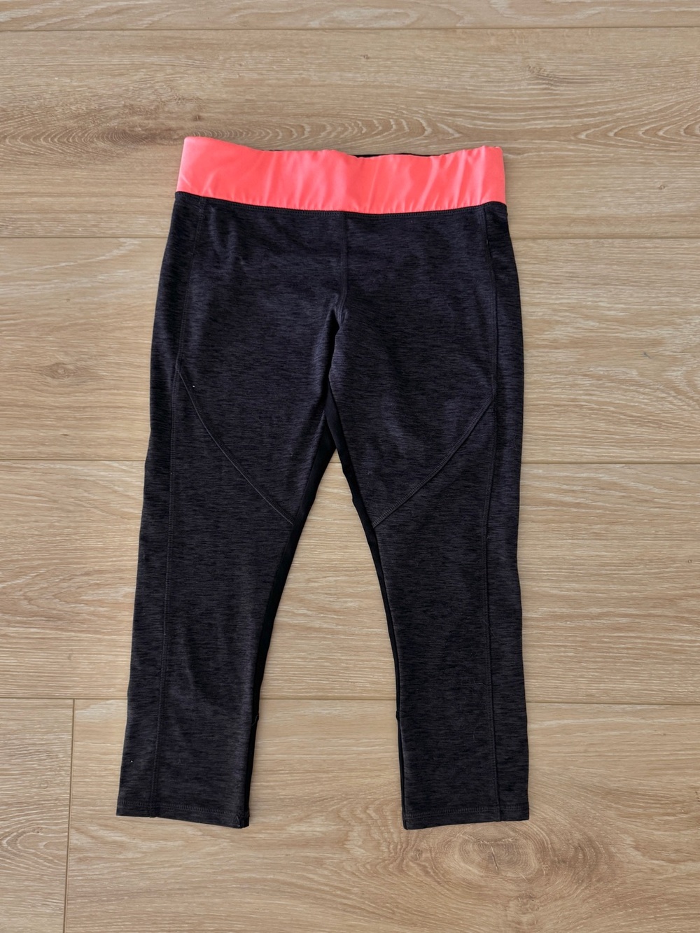 Black and Gray Capri Leggings with Coral Waistband